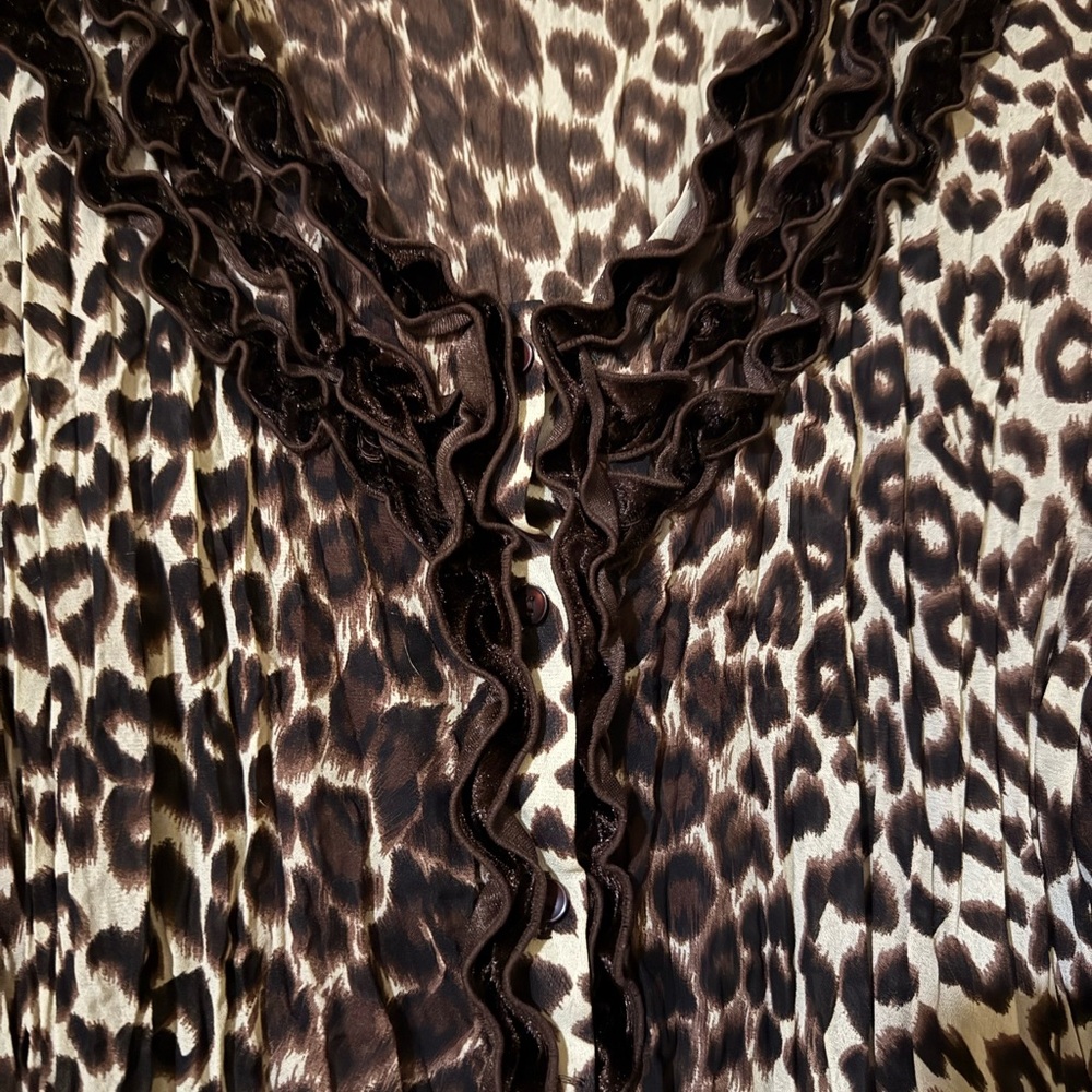 New Directions Brown Leopard Blouse with Ruffles - Picture 2 of 6